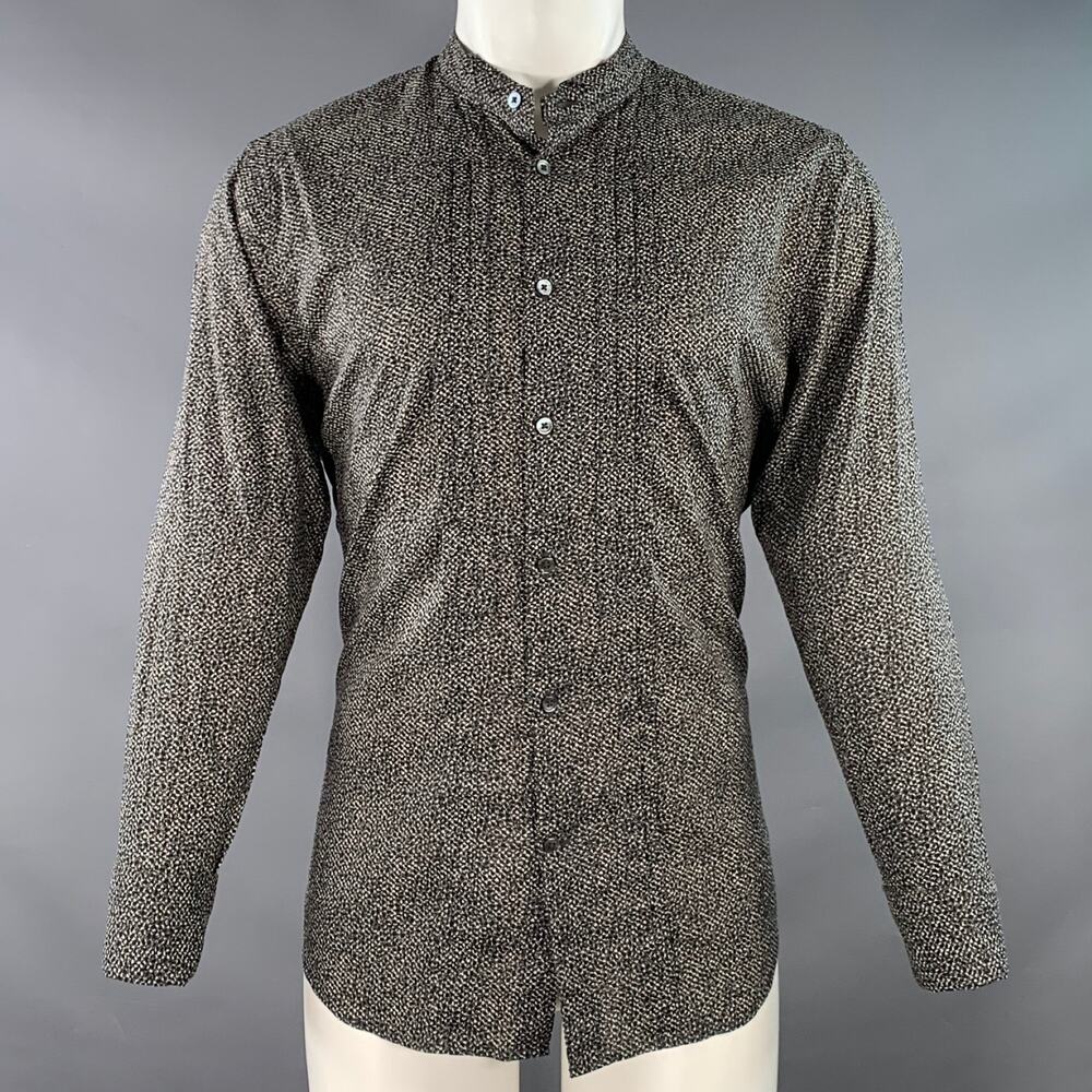 JOHN VARVATOS M Black White Abstract Floral Pleated Tuxedo Long Sleeve Shirt